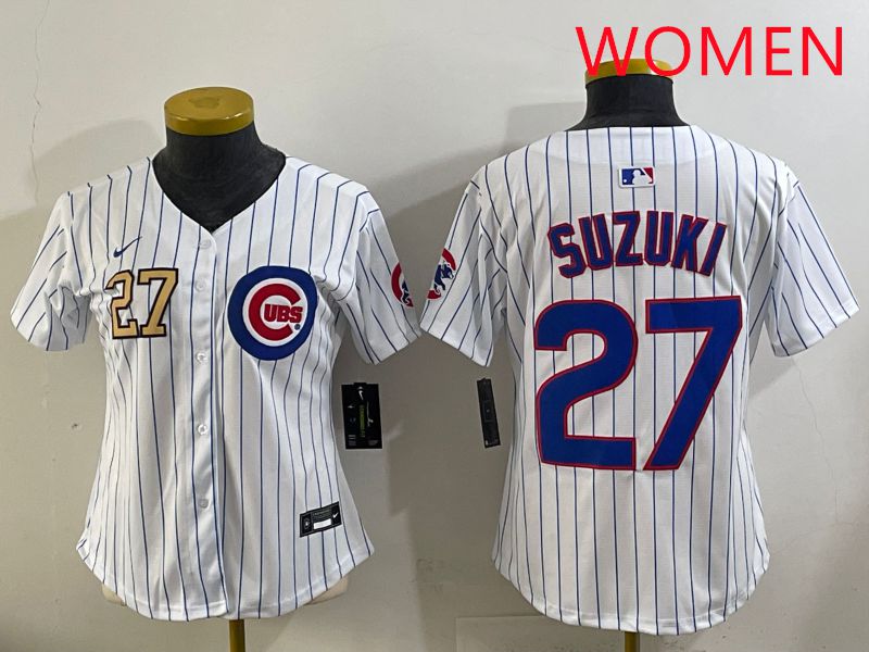 Women 2025 Chicago Cubs #27 Suzuki White Stripe Game Nike MLB Jersey style 4->women mlb jersey->Women Jersey